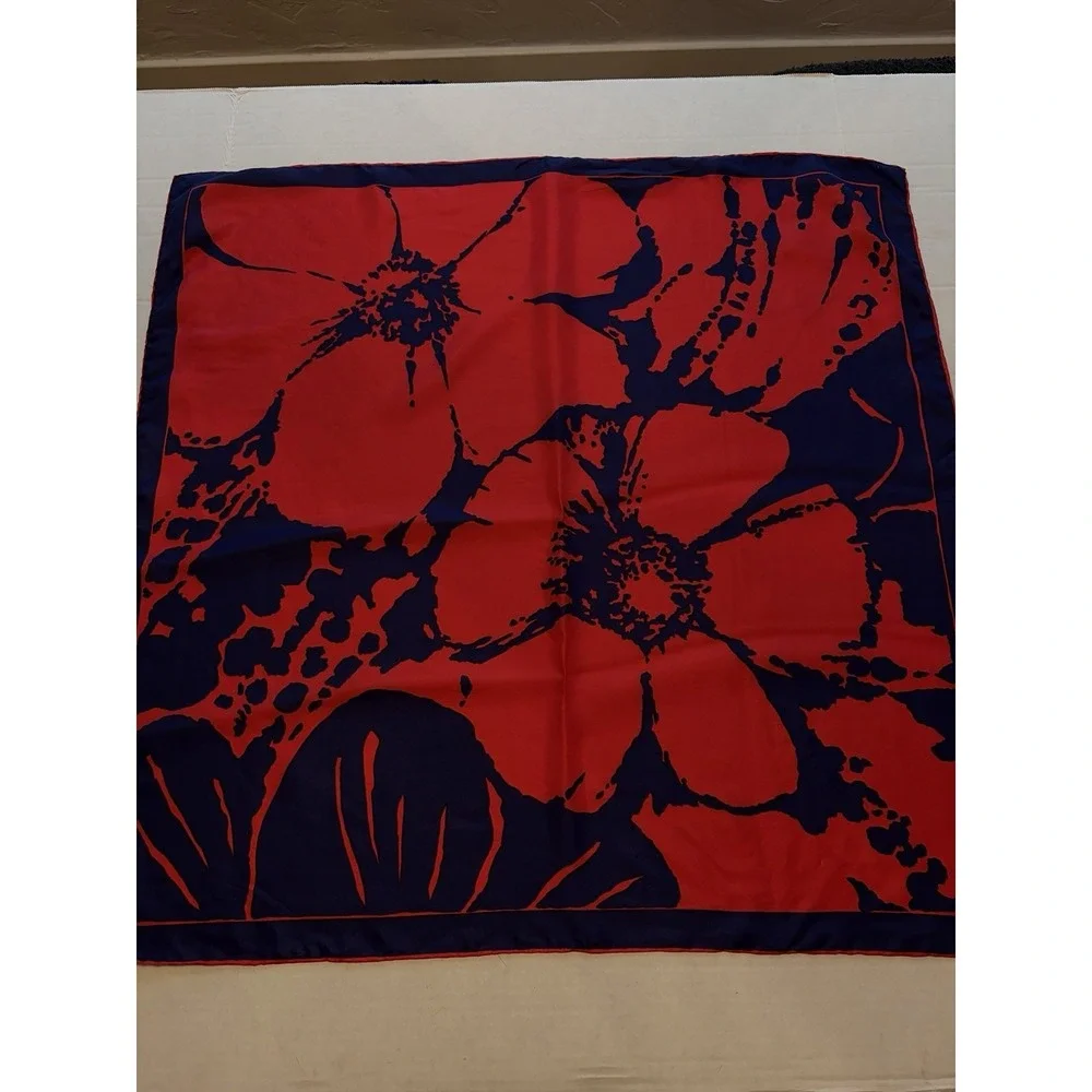 Vintage Silk Rayon Scarf Red Navy Blue Mod Floral Hand Rolled‎ Japan 29